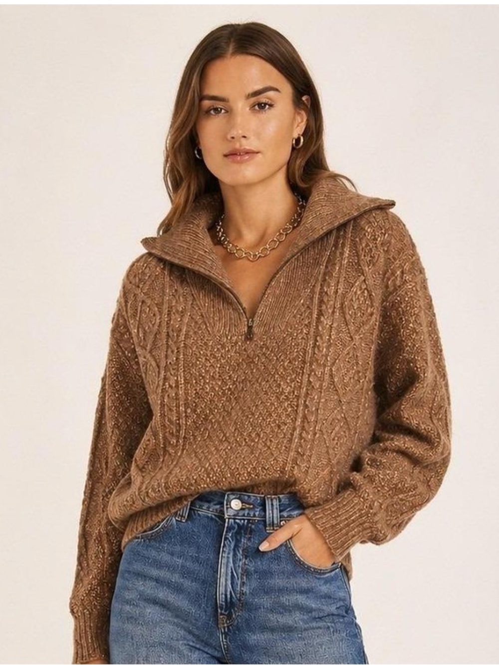 The Great Brown Half-Zip Cable Knit Sweater